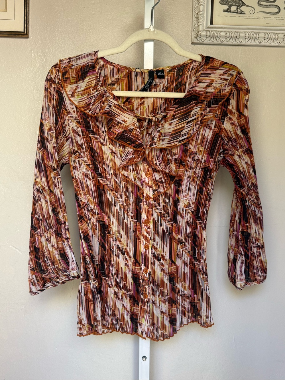 Y2K Multicolor Textured Pleated V-Neck Ruffle Blouse Size Small